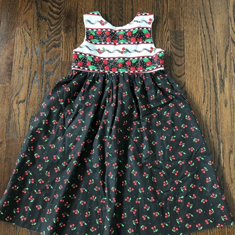 Vintage Girls 8-10 Black/Red Cherries A-Line Sleeveless Midi Dress w/Pockets - Picture 8 of 10